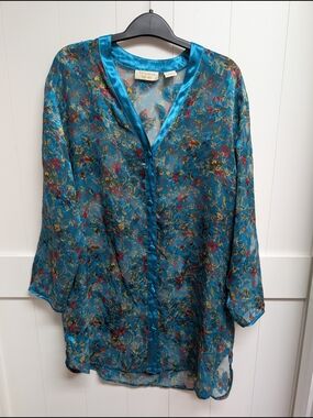 Victoria's Secret Gold Label Teal Floral Sheer Button-Front Blouse